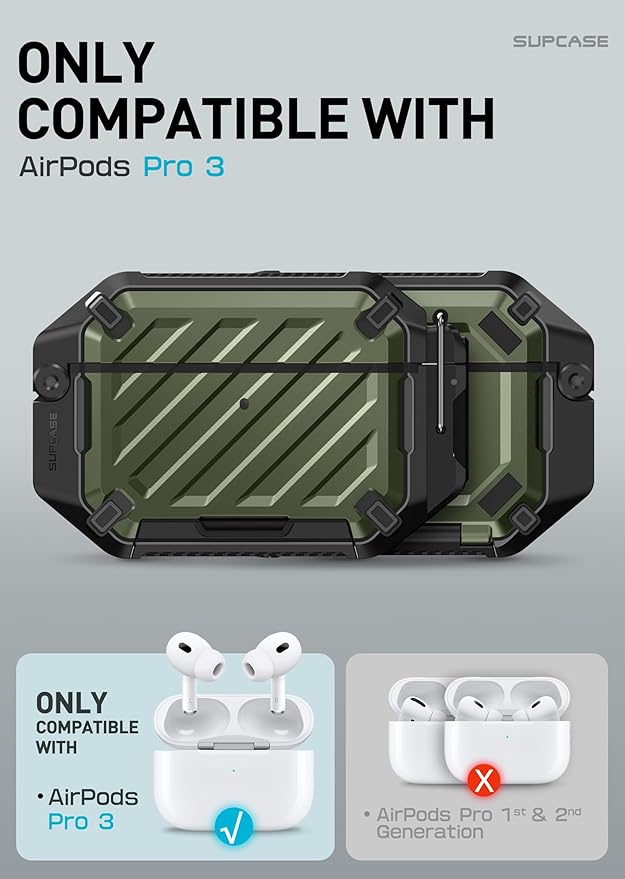 SUPCASE for AirPods Pro 3 Case with Lock & Carabiner, [IP68 Waterproof] [Military-Grade Protection] [Supports Wireless Charging] Anti-Scratch Hard Shell Cover for AirPods Pro 3rd Gen, Guldan