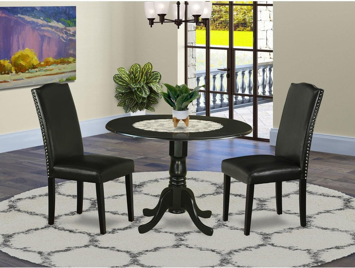 East West Furniture DLEN3-BLK-69 3 Piece Dining Room Furniture Set Contains a Round Dining Table with Dropleaf and 2 Black Faux Leather Upholstered Chairs, 42x42 Inch, Black