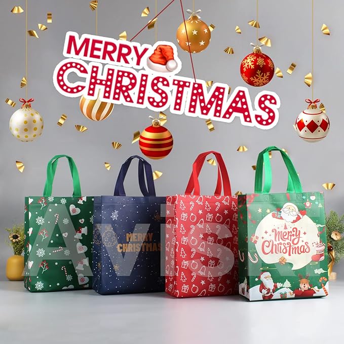 4 PACK Christmas Gift Tote Treat Bags with Handles, Multifunctional Non-Woven Christmas Bags for Gifts Wrapping Shopping, Xmas Party Supplies, 12.2"×9.8"×4.53"