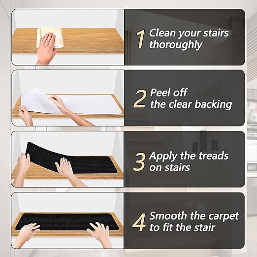 Non-Slip Stair Treads, 7.8" X 30" (15-Pack) Stair Runner Indoor Outdoor Mat, Black Slip Resistant Stair Tread Mats Step Covers Pads for Elders, Kids and Pets (30" x 7.8", Black)