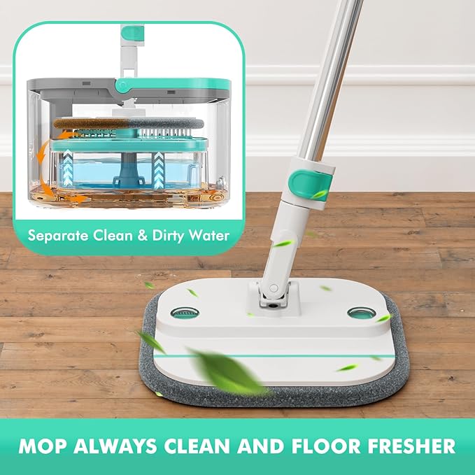 Upgraded Self-Standing Spin Mop and Bucket System, Detachable Inner Mop Bucket Separates Dirty Water & 90° Foldable Head, Triple-Scrub System, 0.9Gal Dual Drainage, for Hardwood Floors (Blue 6 Pads)