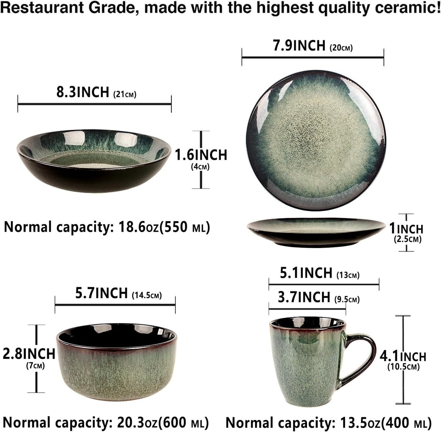 Dinnerware Sets(16Pcs) Serves for 4, Reactive Glaze Plates and Bowls Set with Mug,7.9"Small Plate,8.3"Salad Plate,5.5"bowl, Modern kitchen tableware,Microwave safe, Set No.4