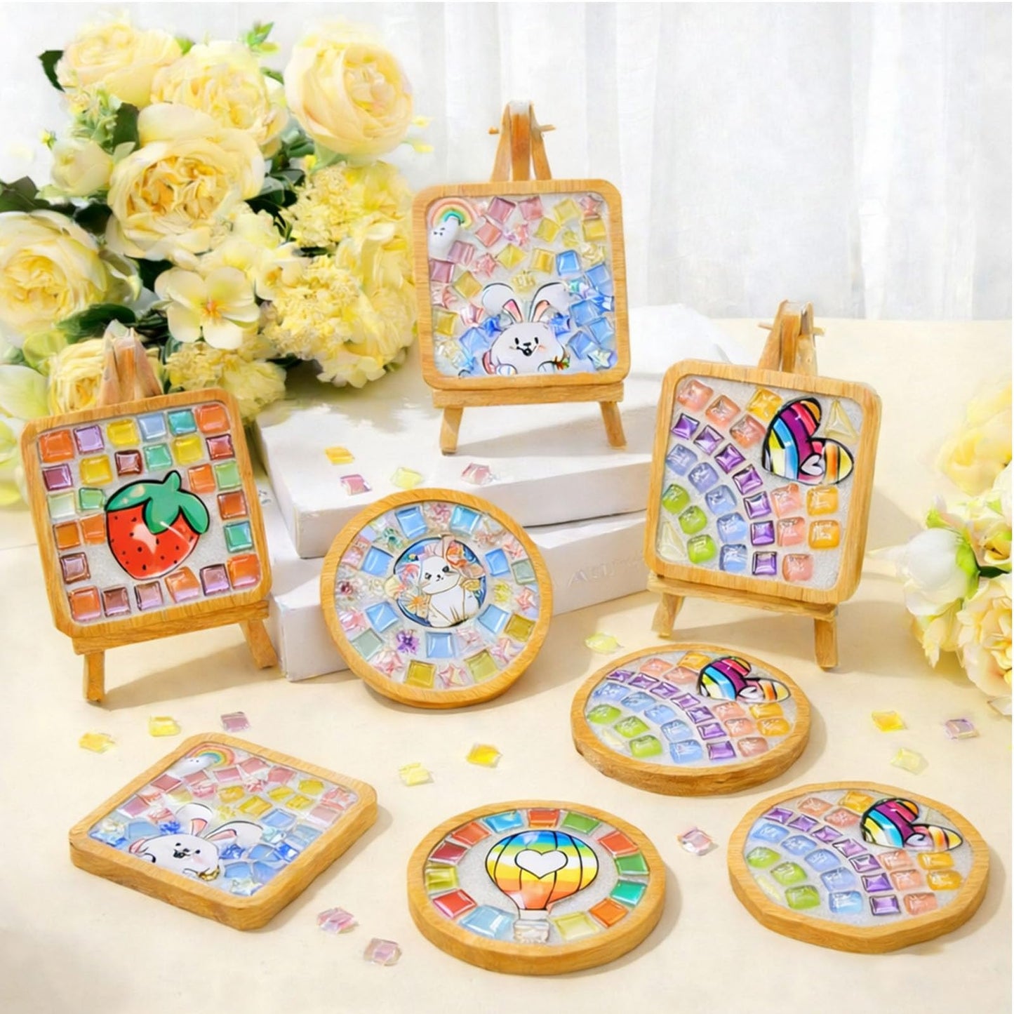 GHAHILI 3 Sets DIY Glass Mosaic Tiles for Crafts with Wooden Coasters - Graduation Birthday Gifts Mosaic Kits for Adults Women Mosaic Art Kits Craft Handmade Making Kit Set Decorations for Home Gift