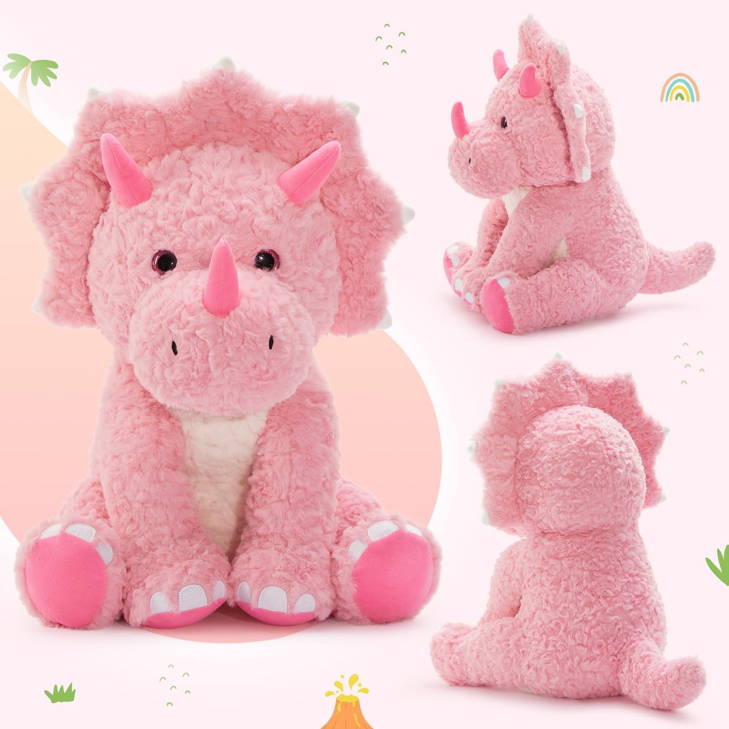 Tezituor Large Pink Dinosaur Stuffed Animals, 24inch Large Stuffed Dinosaur Plush Toys for Boys Girls, Hugging Soft Dino Triceratops Plush Pillow Praty Valentine's Day Gift for Girlfriend