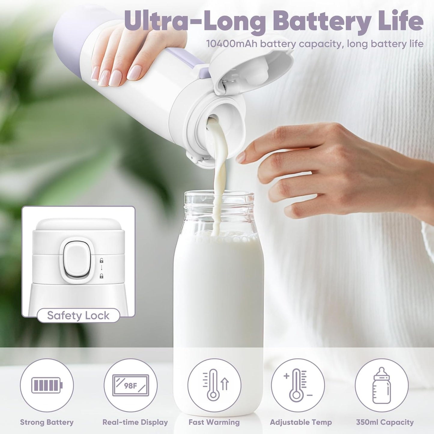 Portable Bottle Warmer for Travel,Portable Milk Warmer for Baby-12oz Ceramic Heater Heating,Fast Charging & Cordless Portable Baby Bottle Warmer -Dual Heating Modes for Breast Milk & Water,Purple