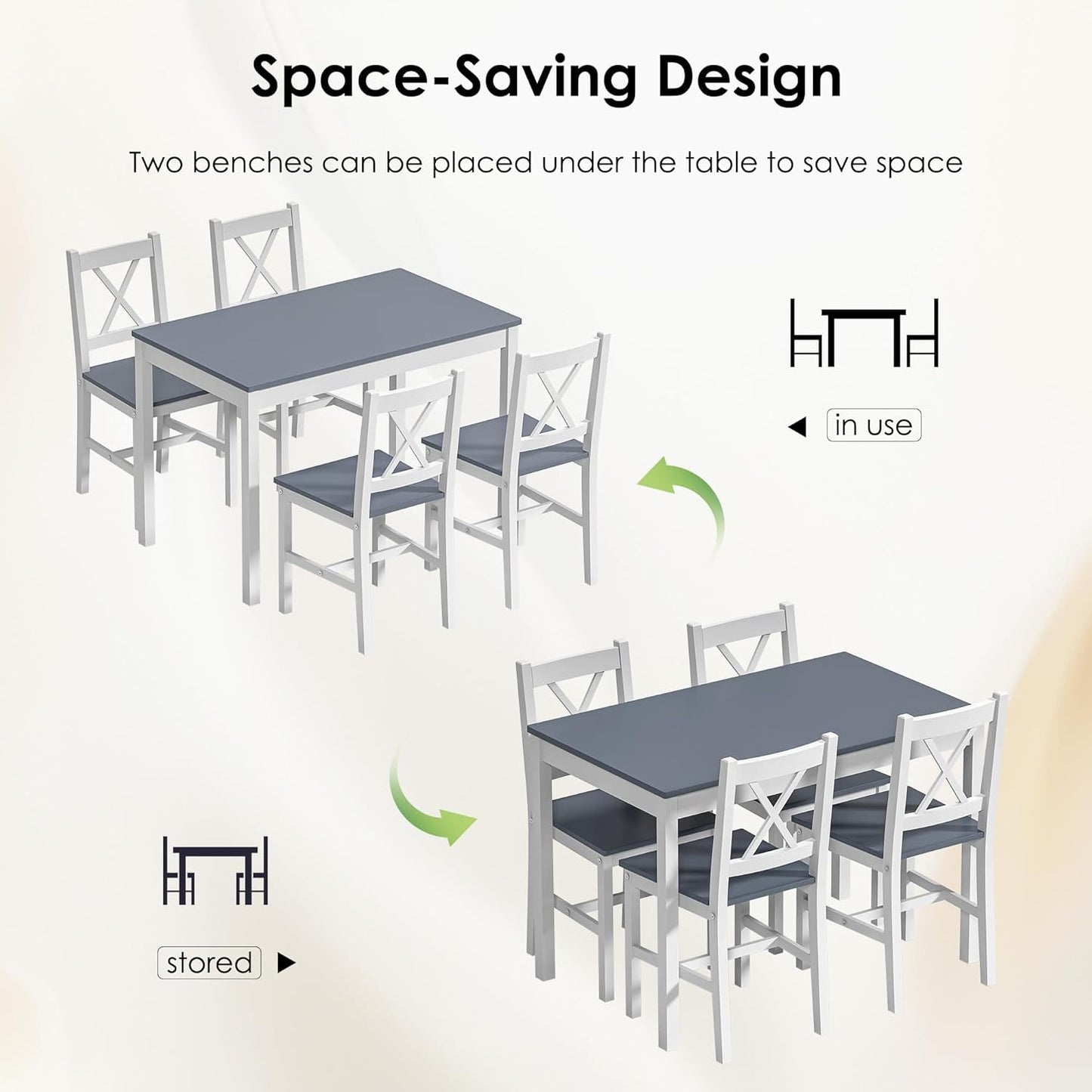 SogesPower Dining Table Set for 4, Wood Rectangular Kitchen Dining Table Set with 4 Chairs, 5-Piece Space-Saving Kitchen Table Set for Dining Room Small Space, Grey+White 43"