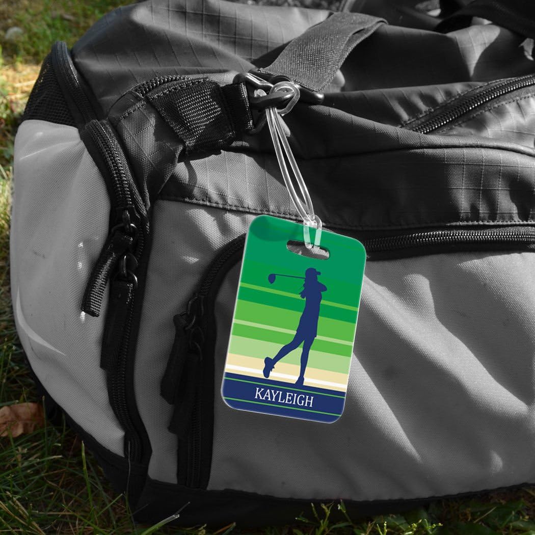 ChalkTalkSPORTS Golf Luggage & Bag Tag | Personalized Female Golfer | Standard Lines on Back | Medium | Green