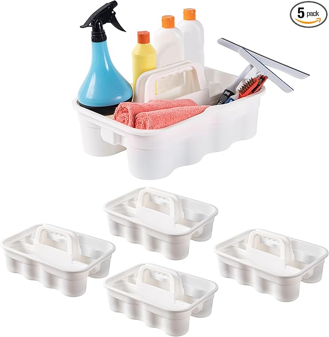 Matthew 5 Pack Large Plastic Tote Tool & Deluxe Supply Cleaning Caddy with Handle Portable Shower Basket Storage Caddy for Cleaning Products,Take-Out Drink,Bathrooms - White