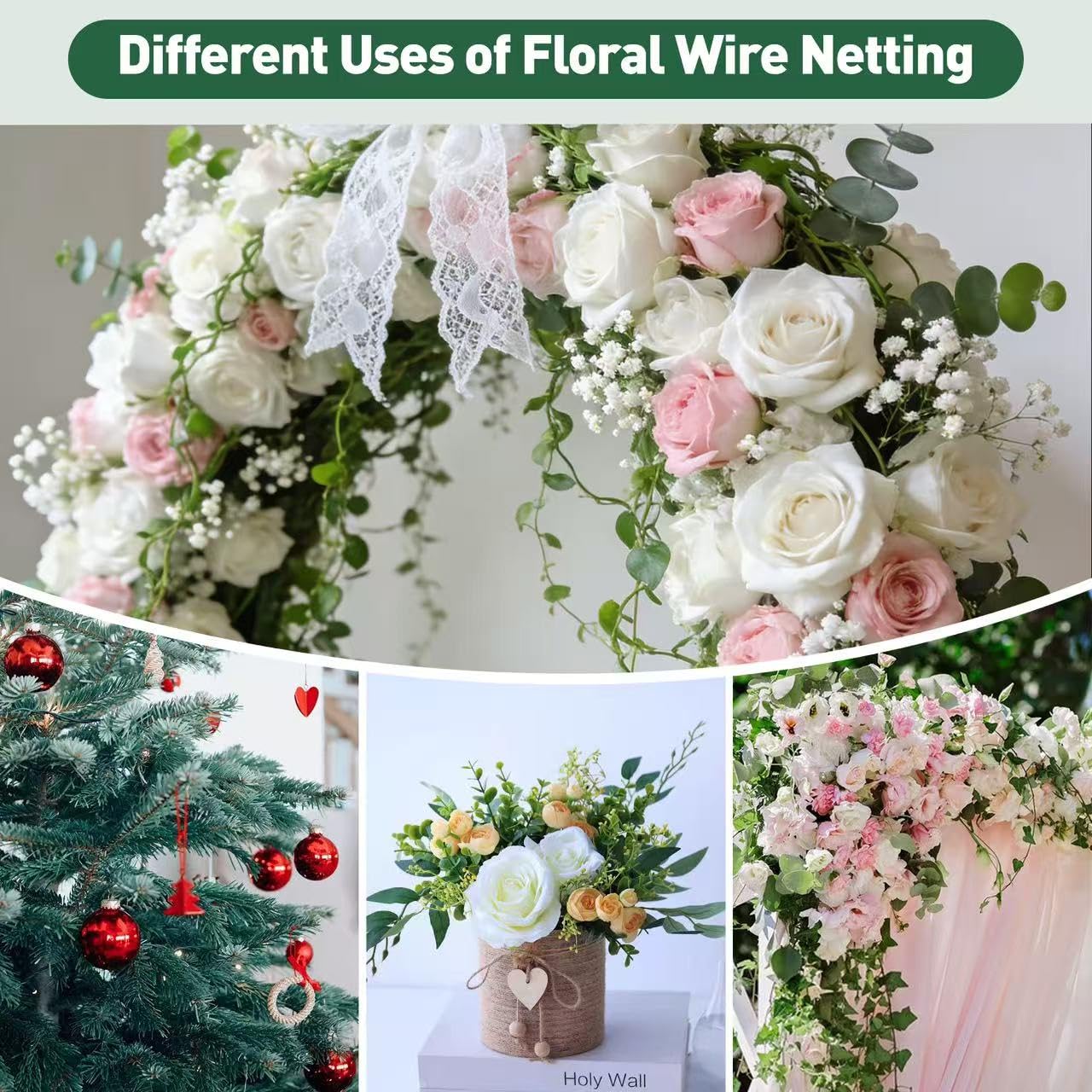 ROERLIEN 14 in×236 in Floral Wire Netting,Green Coated Floral Chicken Wire for Floral Arrangements,Garden Fencing,Protect Plant and Poultry,Decorate Flower Arch and DIY Craft. (14 in×236 in)