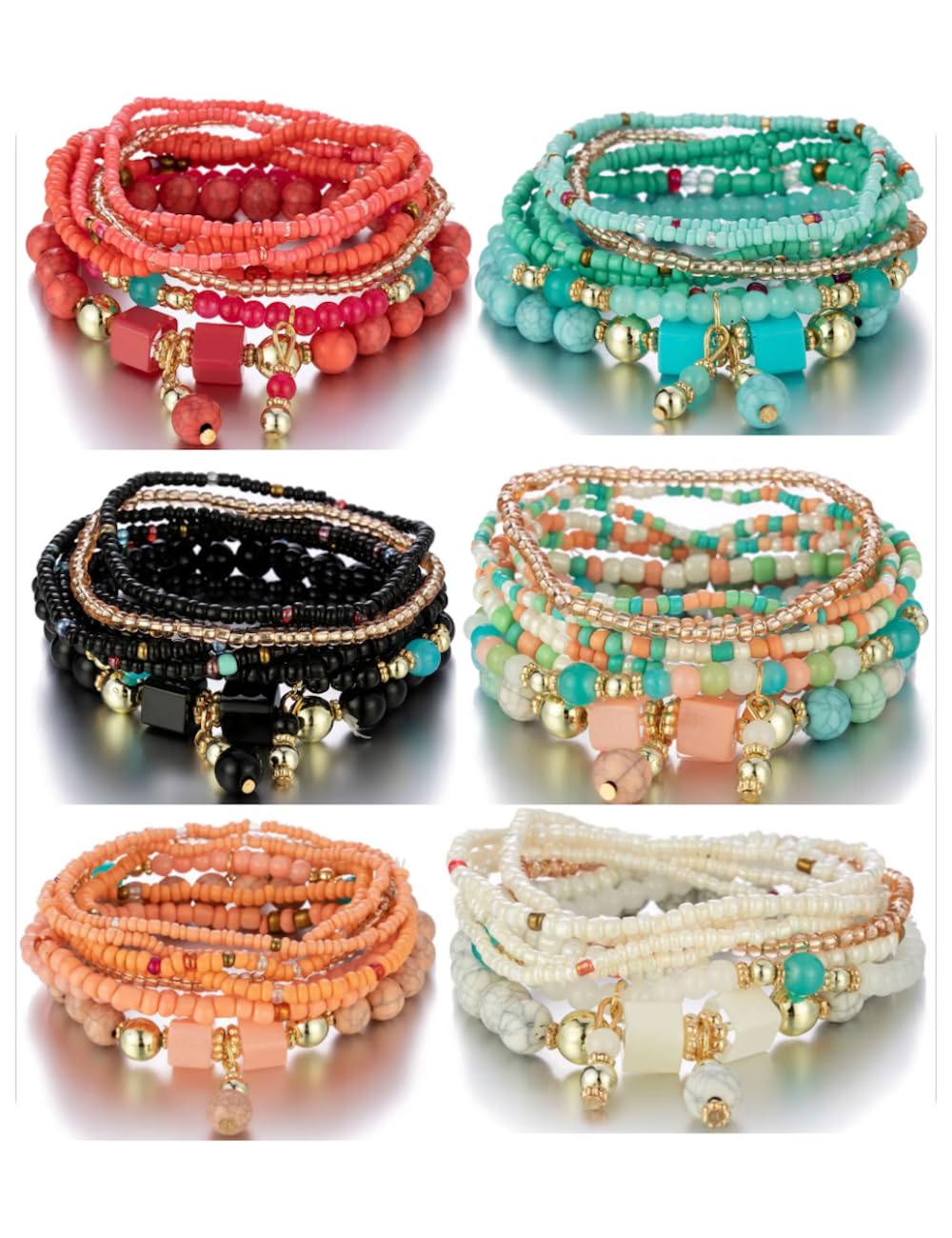 Boho Multilayer Stretch Beaded Bracelets for Women – Set of 6 Beaded Bracelet Colorful Rice Beads, Stackable Fashion Jewelry, Ideal for Festivals, Summer Parties, Beachwear, and Casual Outfits