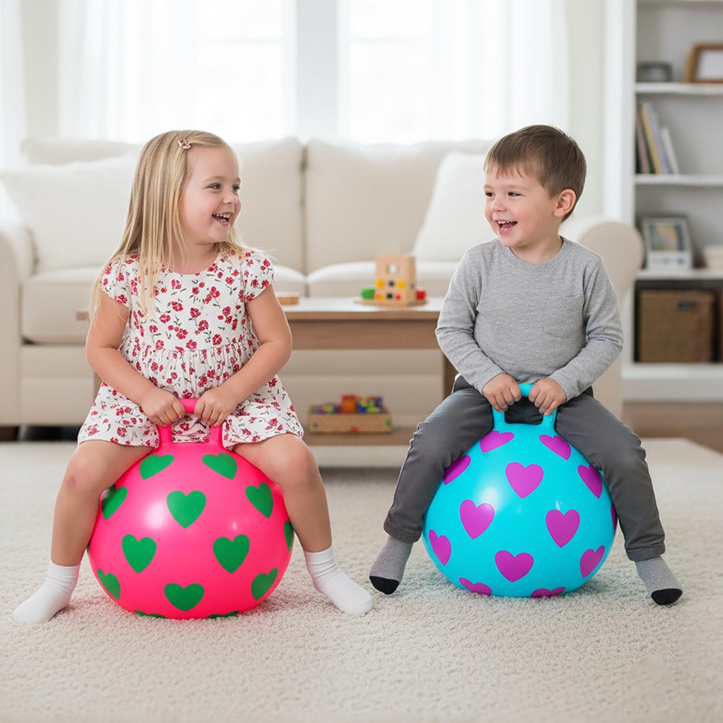 EVERICH TOY 2-Pack Hopper Ball for Kids, 15In Bouncy Ball with Handle, Full Heart Girls Toys for Indoor Outdoor Active Play, Great Balance Hopping Toys Gifts for 3 4 5 6 Yr Old Girls Boys