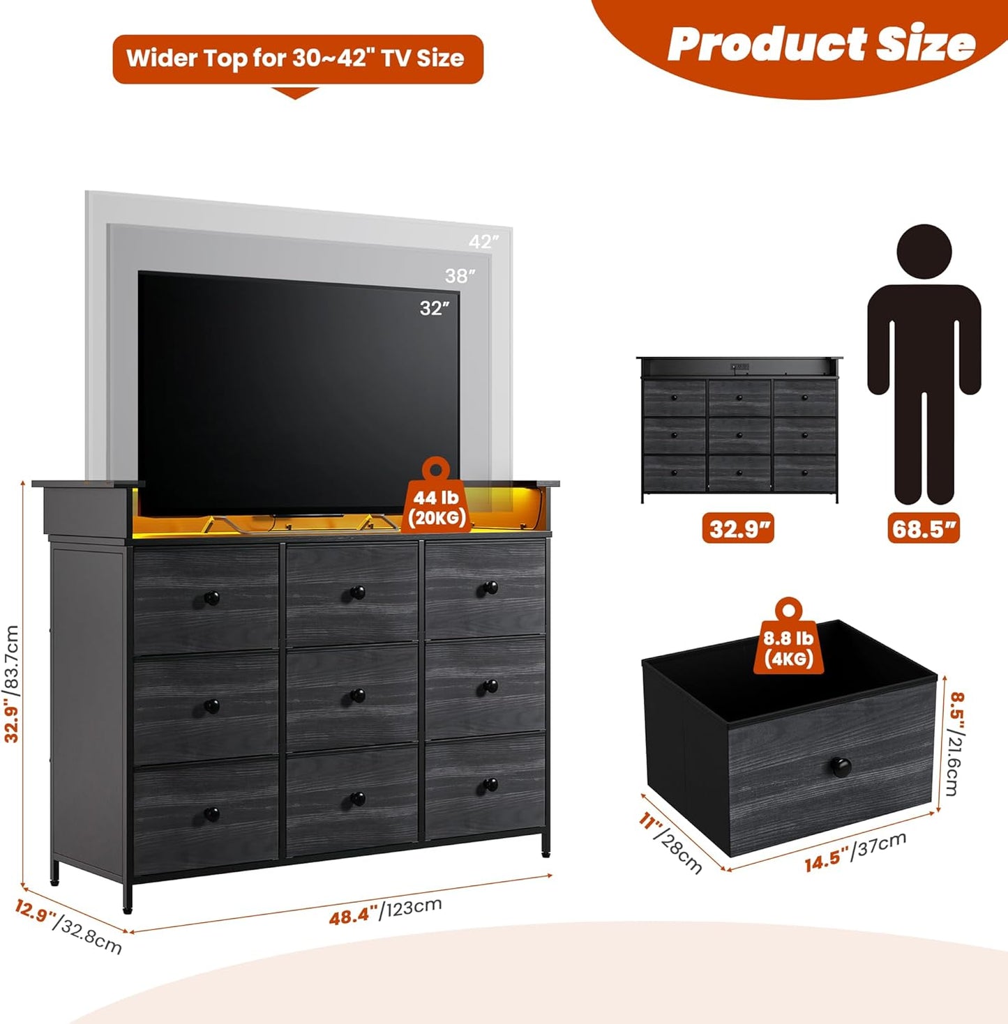 Nicehill 9 Drawer Dresser for Bedroom, TV Stand for Bedroom, Black Dresser with LED Light, Fabric Chests of Drawers for Hallway Entryway (Black Wood Grian)