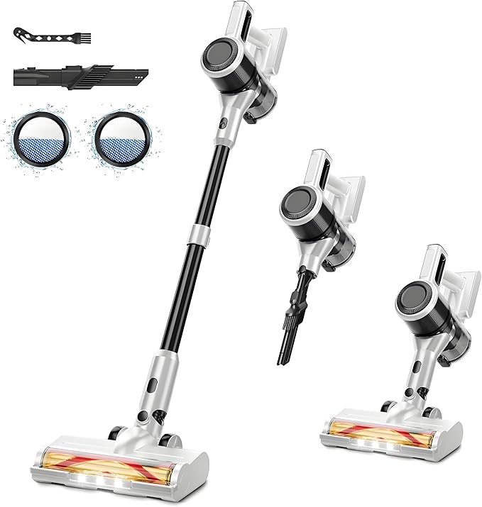 Cordless Vacuum Cleaner for Home - Lightweight, Stick Vacuum Clean with Rechargeable Battery, Max 45Mins Runtime, 8 in 1 Handheld Vacuum for Hardfloor & Carpets Pet Hair, White&Yellow