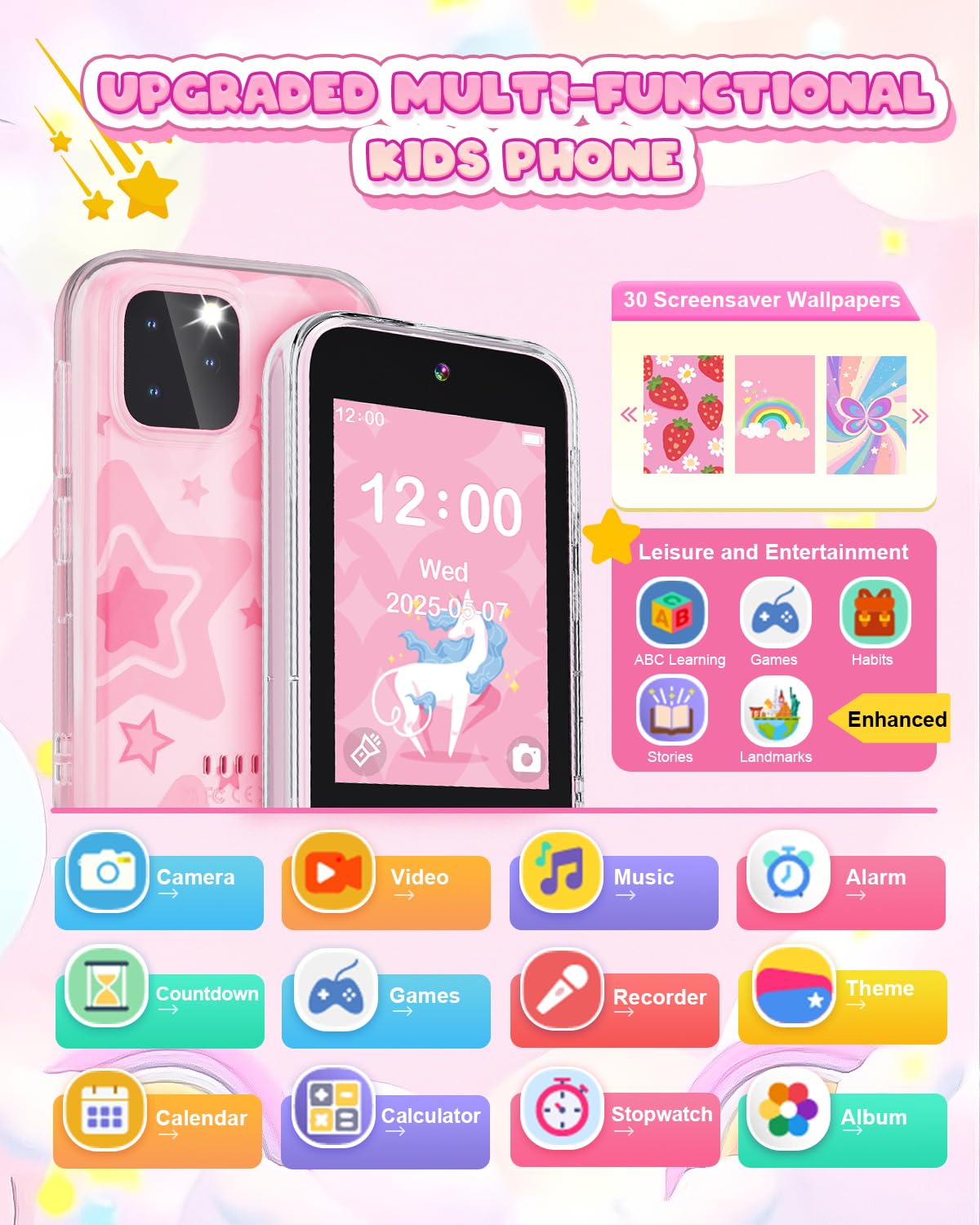 Kids Smart Phone for Girls, 3.5'' Touchscreen Kid Phones Toys for Girls 3 4 5 6 7 8 Years Old, Christmas Birthday Gift for Ages 3-8, Toddler Phone with Dual Camera, Music Player, Game, Habit Tracker