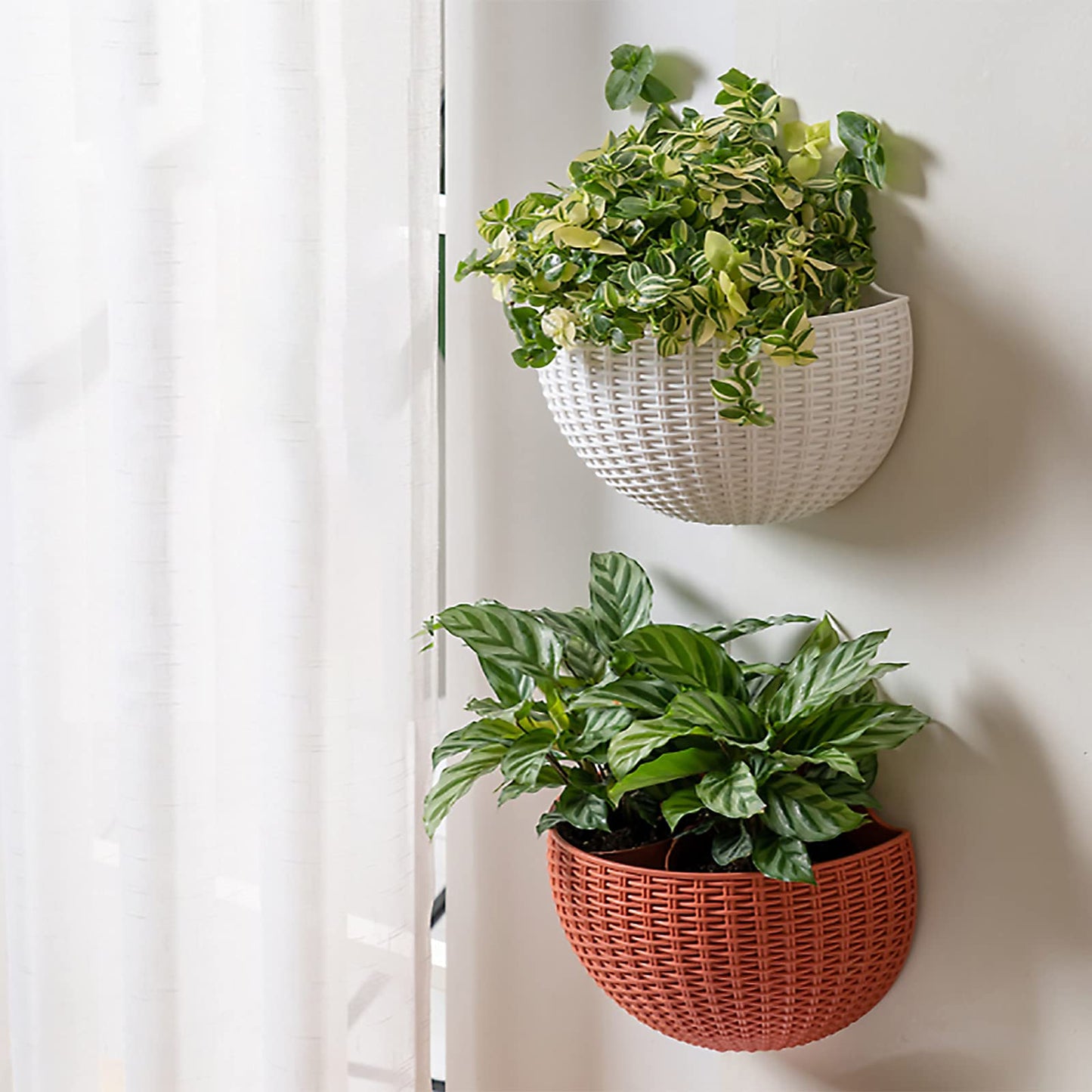 Hanging Planter Pot, Wall and Railing Hanging Planters with S Hooks, Half Round Imitation Rattan European Style Wall Flowerpot Rustic Decorative Flower Basket for Home Balcony(#21 * 16.5cm Brick red)