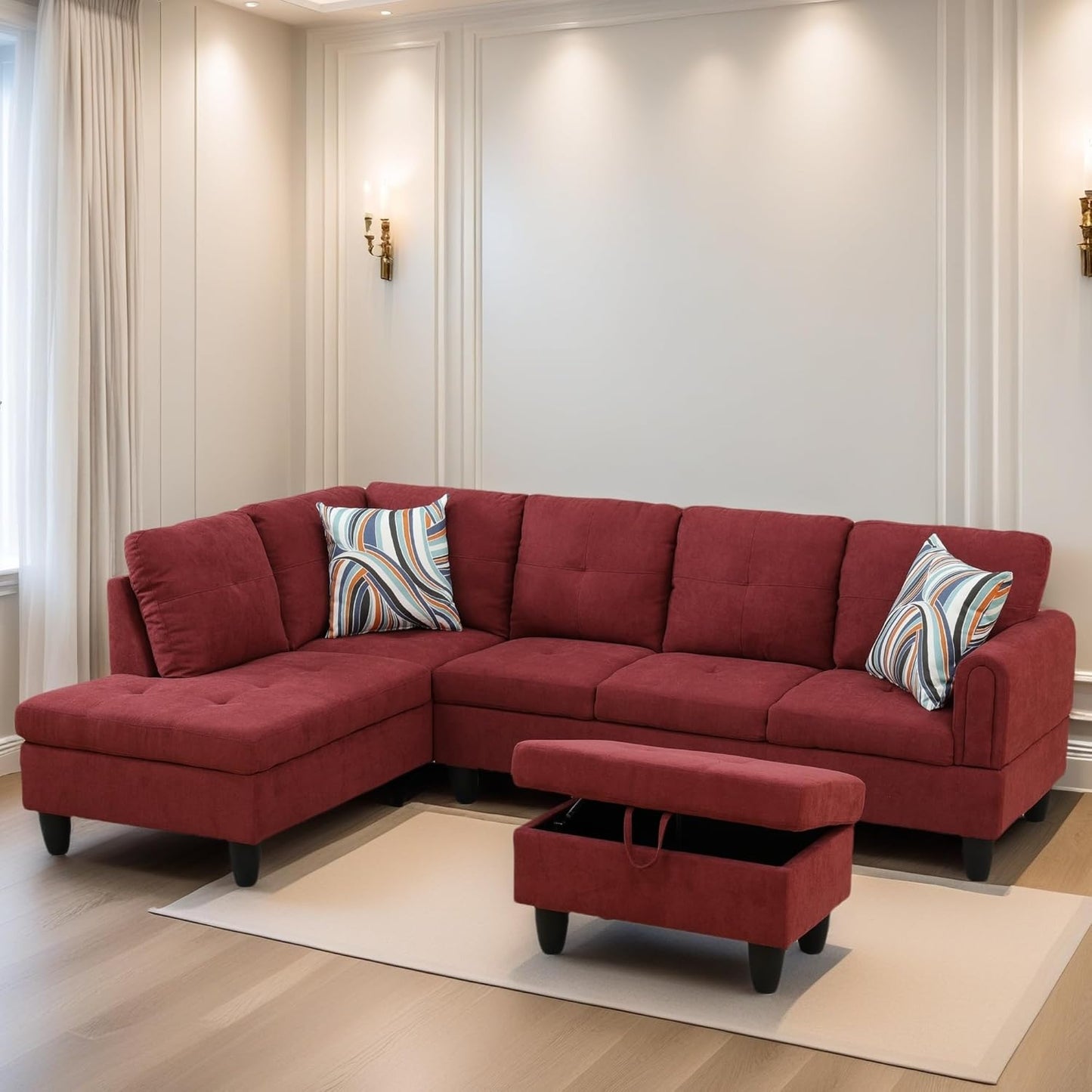 L Shaped Sectional Couches for Living Room, Modern Modular Sectional Sofa with Ottoman Storage, Comfy L Shaped Couch with Chaise for Bedroom Apartment Furniture, Red