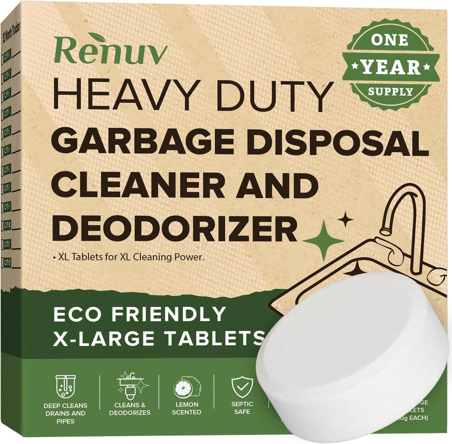Renuv Garbage Disposal Cleaner and Deodorizer Tablets Drain Freshener, Foaming Citrus Scent, Sink Odor Refresher for Kitchen Garbage Disposer Cleaning (12 XL Tablets - One Year Supply)