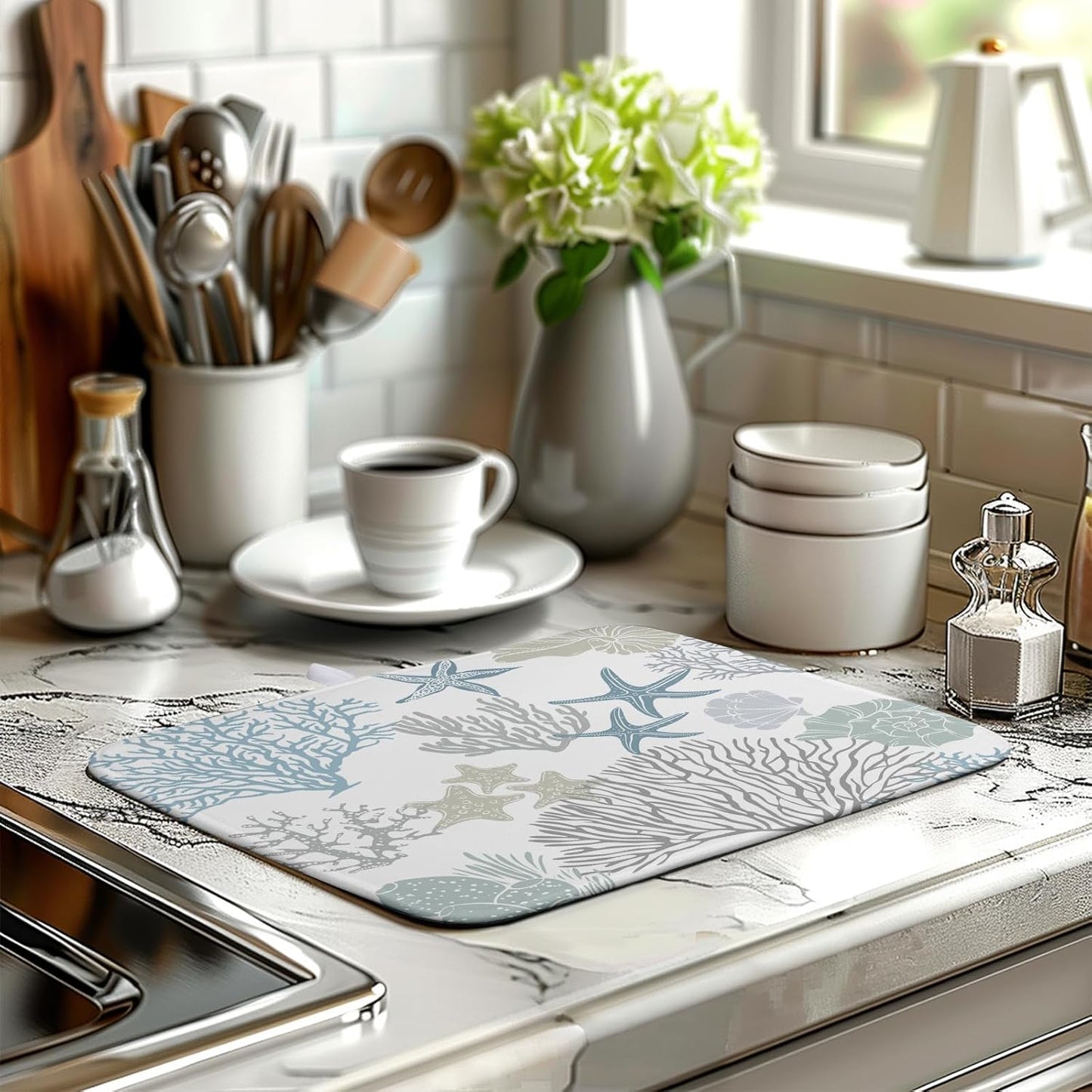 Summer Dish Drying Mat 16×18 Inch Coastal Nautical Kitchen Drying Mats Blue Gray Ocean Microfiber Dish Pad Heat Resistant Absorbent Dish Rack Mat for Home Kitchen Counter Decor