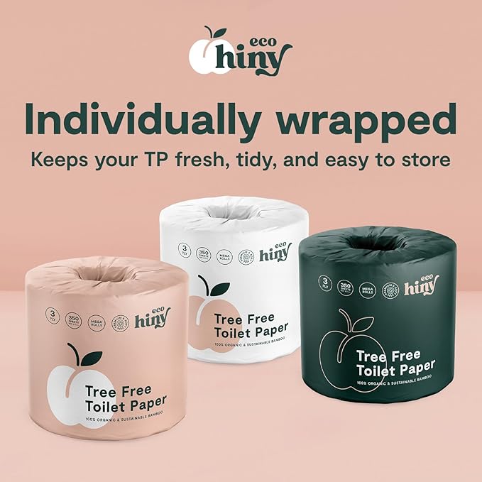 ecoHiny Premium & Soft Bamboo Toilet Paper | PFAS Free | 6 Mega Rolls, 3 ply & 350 Sheets | Non Toxic, FSC Certified, Septic Safe, BPA Free | Tree Free Toilet Tissue | Plastic Free Packaging