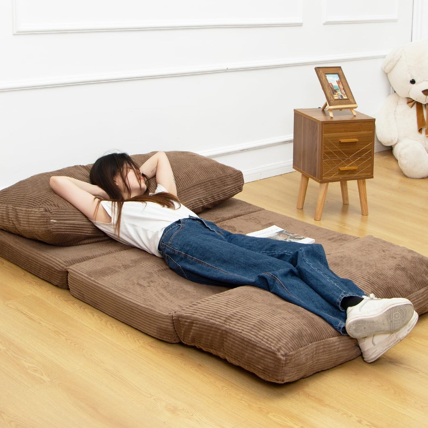 N&V Folding Matress Sofa Bean Bag Bed, Foam Filling Folding Matress Sofa, Includes Removable and Machine Washable Cover, Soft Premium Corduroy (Medium, Brown Suagr)