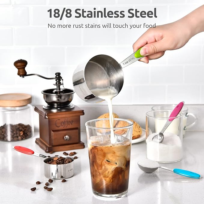 U-Taste 18/8 Stainless Steel Measuring Cups and Spoons Set of 10 (Multicolors) and 12.6in Stainless Steel Danish Dough Whisk (Aqua Sky)