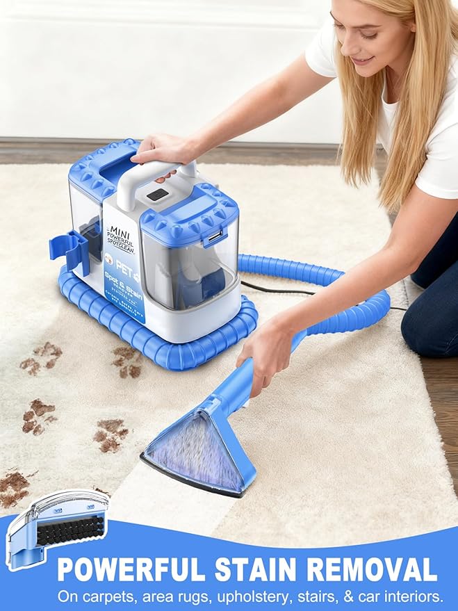 Carpet Cleaner Machine, 20Kpa Powerful Suction with 5 Cleaning Tools, Cleaning Solution, Car/Auto Detailer, Lightweight Compact Design for Rug, Carpet, Car Seats, Pets, Stairs, Couches,Blue