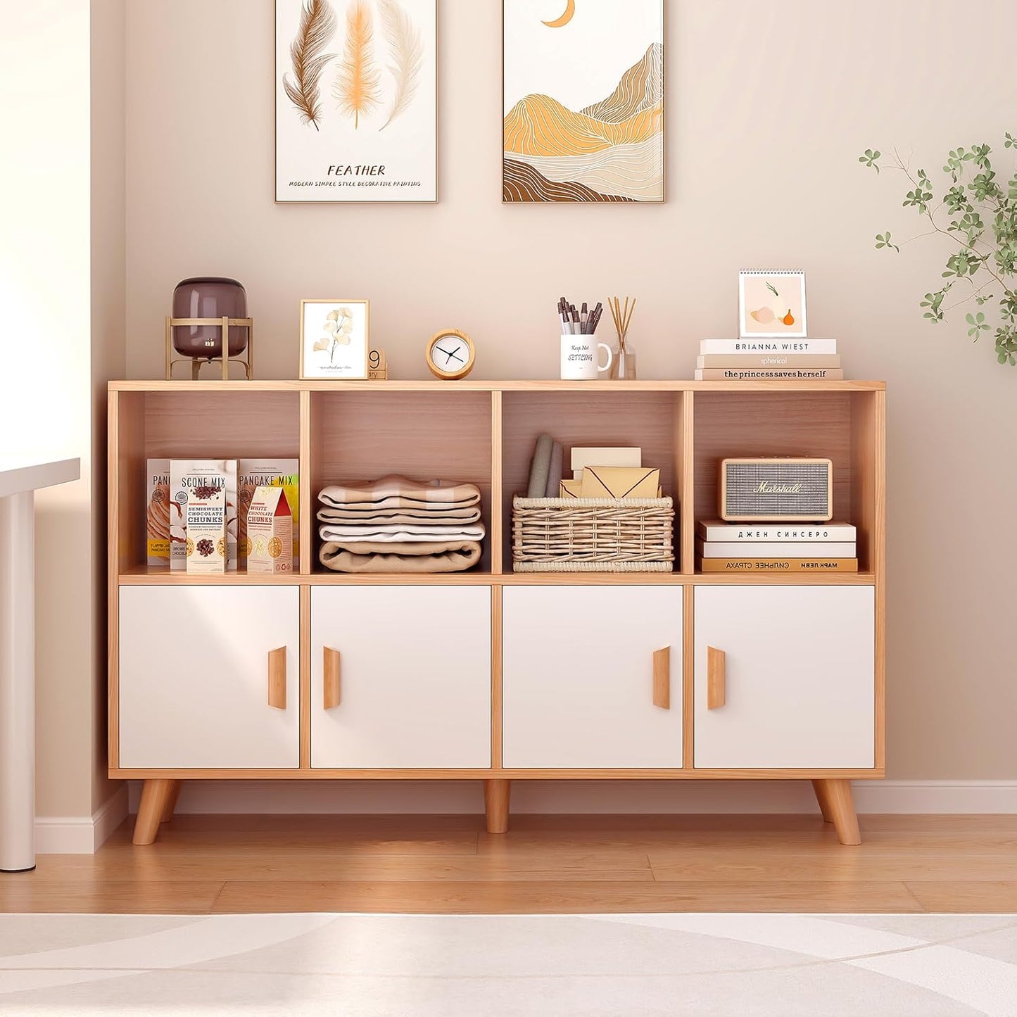 Cubby Shelf Bookcase with Doors - Wooden 8 Cube Floor Standing Open Bookshelf with Solid Wood Legs, 2-Tier Low Storage Cabinet, Oak and Warm White