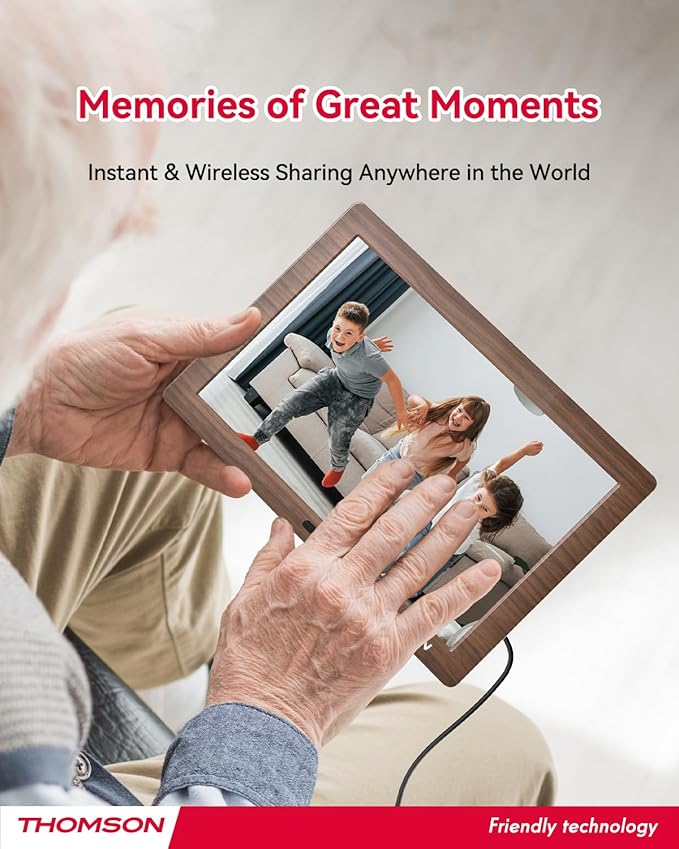 THOMSON 8" Digital Picture Frame, 1280 * 800 IPS Full View Ultra Clear Screen with Remote Control, Wooden Frame, Share Videos Photos Send Wishes Auto-Rotate Slideshow Non-WiFi (8 Inch Non-WiFi)