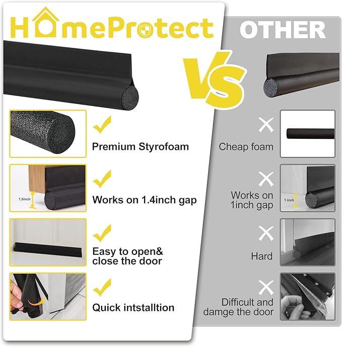 HomeProtect Door Draft Stopper 30 Inch, Weather Stripping with Strong Adhesive for Bedroom Essential Home Protection for 1.5 Gaps Interior Front Door Sweep for Bottom of Door,Easy to Install, Black