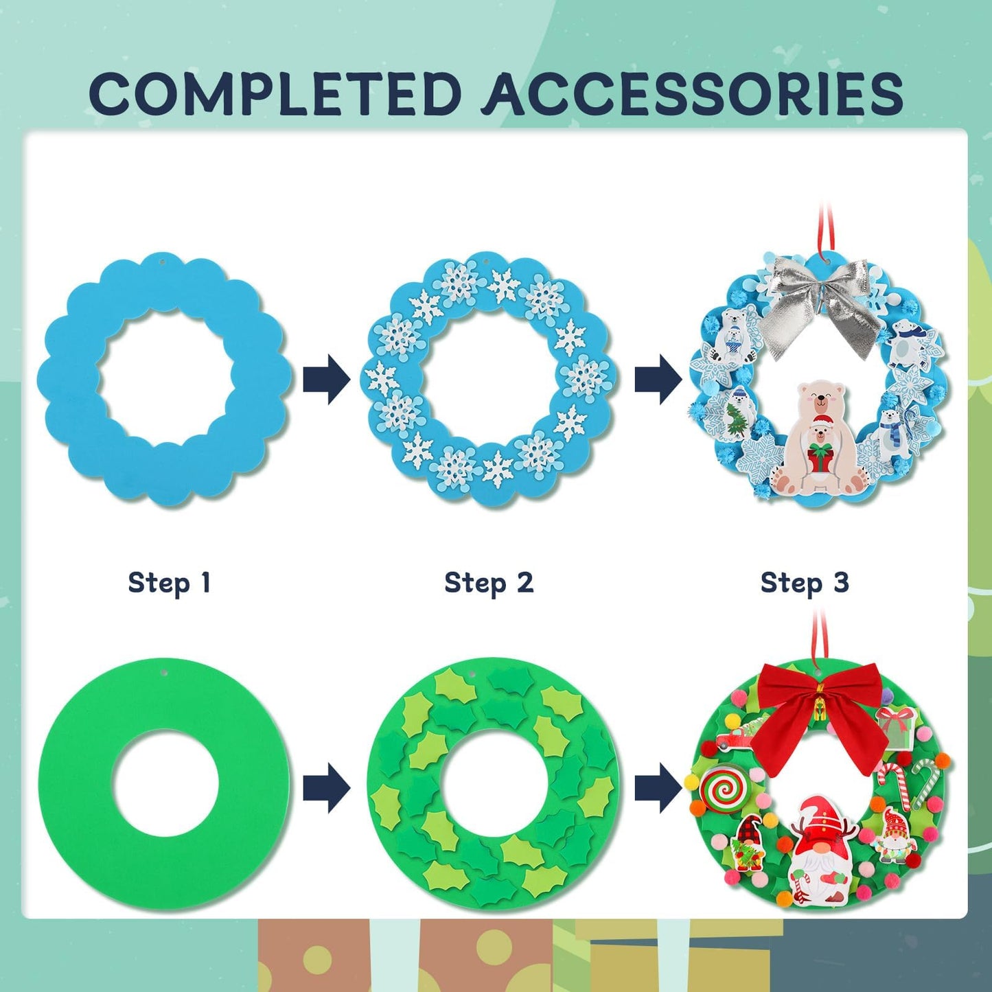 BOARDFEB 12 Sets Christmas Crafts Kits DIY Christmas Foam Wreath Crafts Winter Ornaments for Snowman Santa Penguin Snowflake Foam Stickers Xmas Holiday Home Classroom Activities Decoration