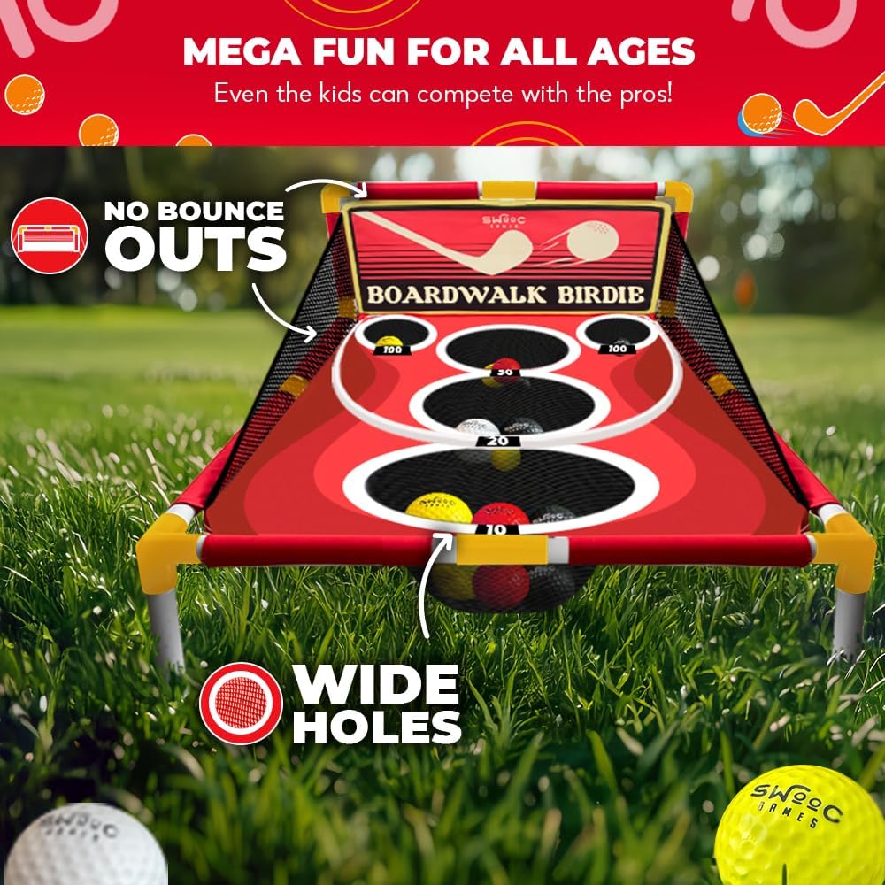 SWOOC Games - Boardwalk Birdie™ | Arcade Style Golf Game w/Easy Setup & 10+ Games Included | Cornhole Golf Chipping Game | Indoor & Outdoor Activities for Adults and Family | Backyard Fun