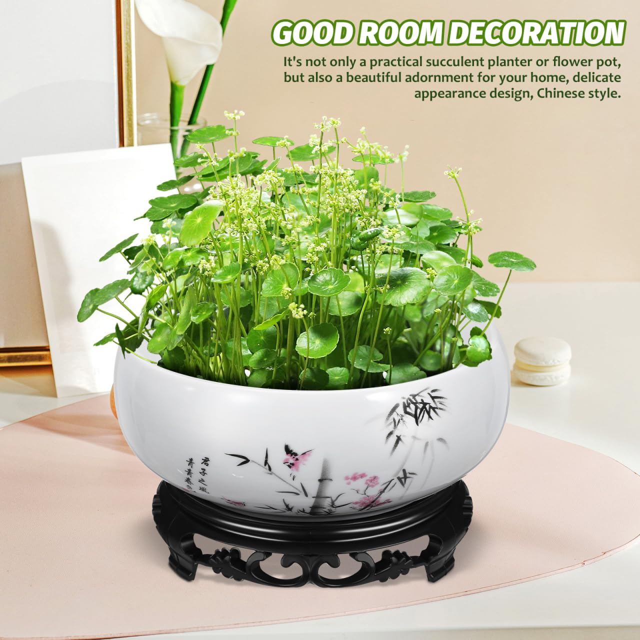 YARNOW Ceramic Lotus Bowl Planter with Stand - 6.9 Inch Water Lily Bowl for Home Office Garden Decor, No-Drainage Hole