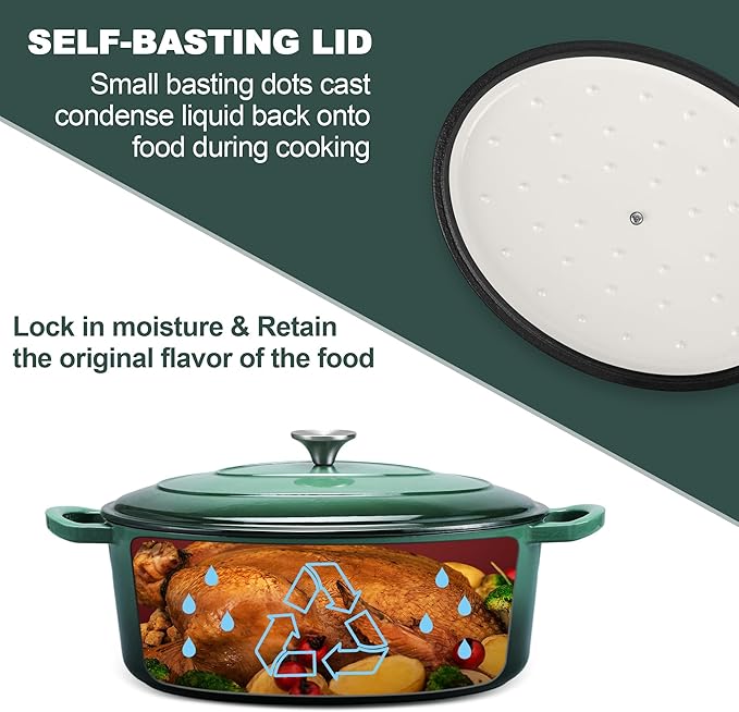 E-far 5QT Oval Dutch Oven Pot with Lid, Enameled Cast Iron Dutch Oven with Dual Handles, Heavy-Duty Cookware for Sourdough Bread Baking, Braising, Stews, Oven Safe & Easy Clean, Dark Green
