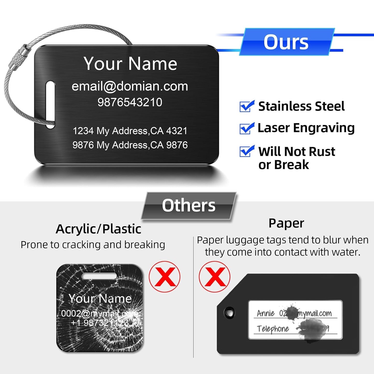Stainless Steel Personalized Luggage Tags for Suitcases - Custom Name ID Travel Tags for Luggage, Backpacks and Bags - Metal Travel Essentials Accessories for Kids, Women and Men - Bulk Set (2 Pack)