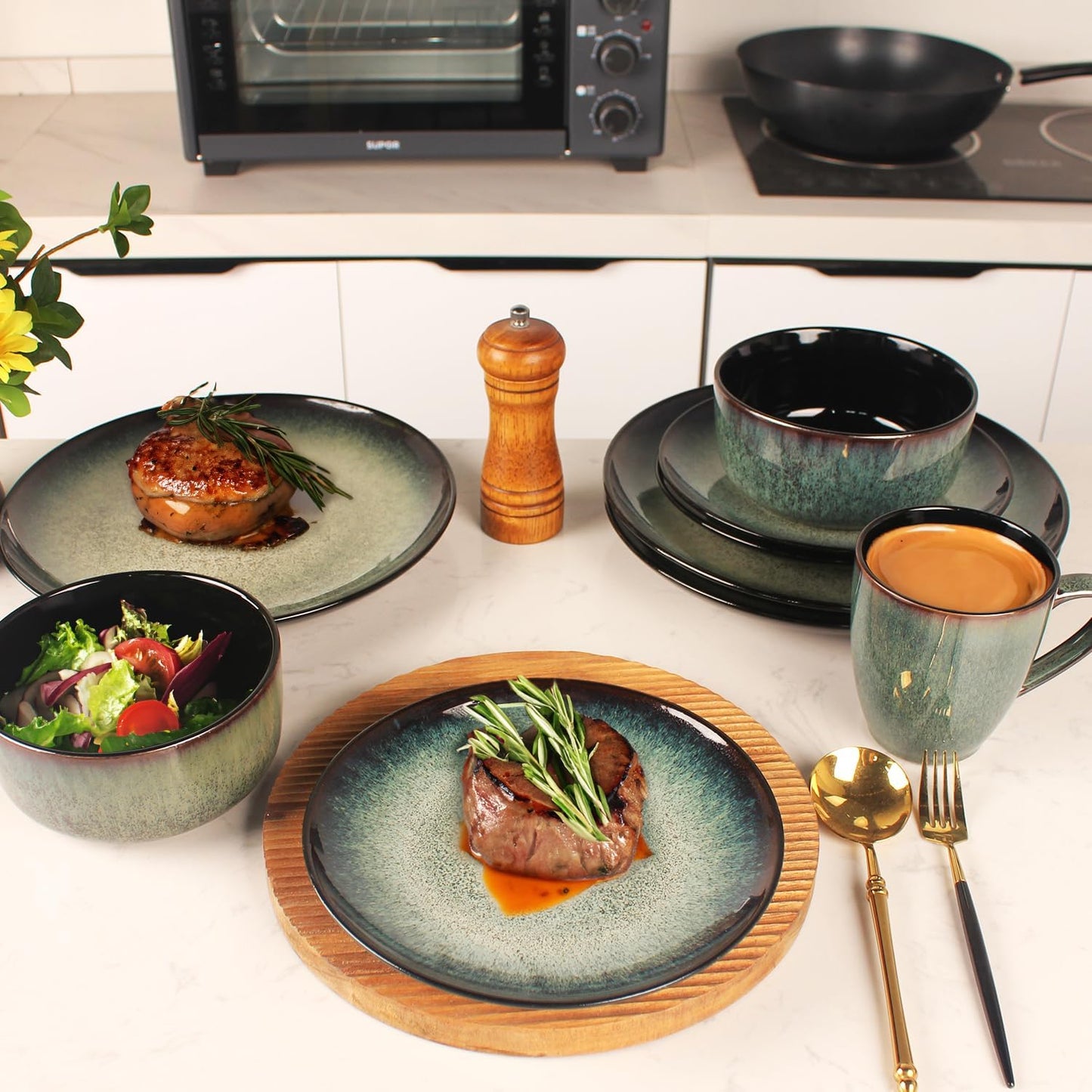 Dinnerware Sets(16Pcs) Serves for 4, Reactive Glaze Plates and Bowls Set with Mug,7.9"Small Plate,10.6"dinner Plate,5.5"bowl, Modern kitchen tableware,Microwave safe, Set No.3