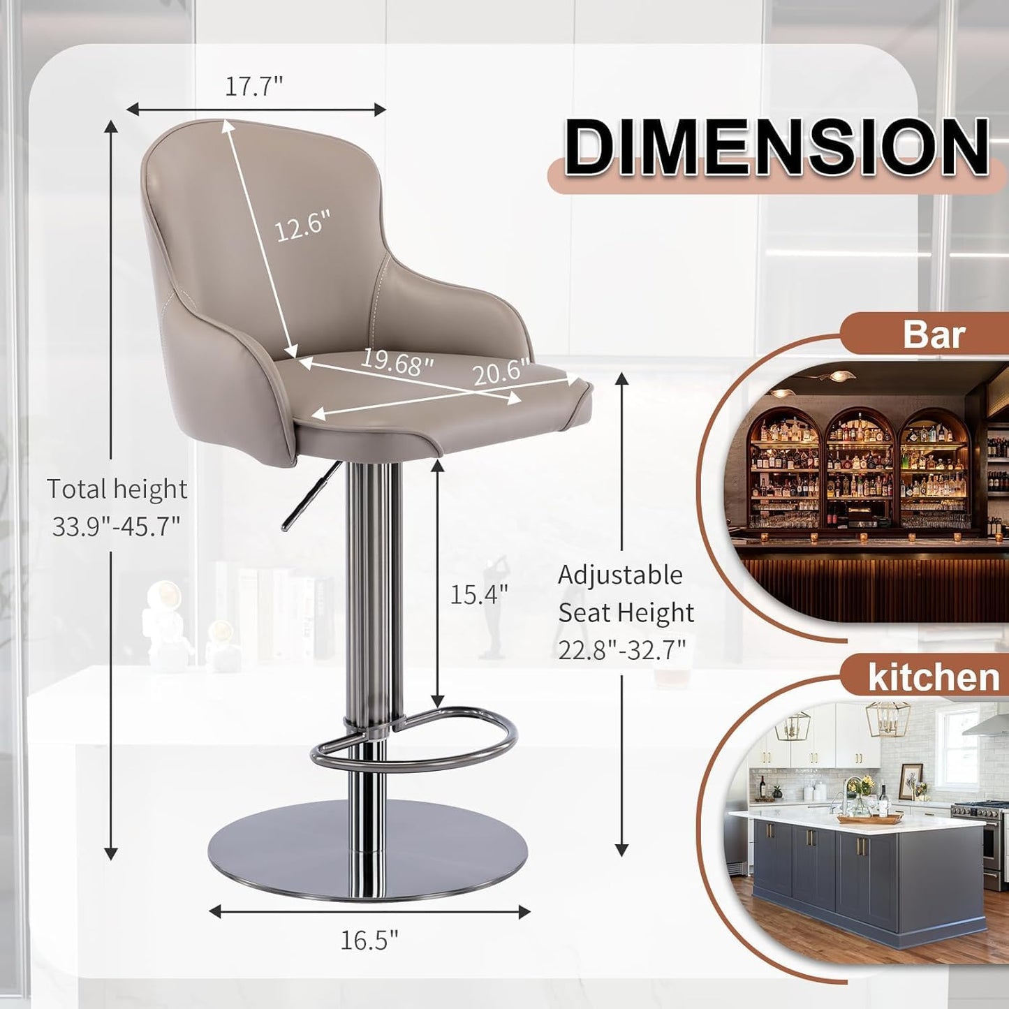 Black Titanium Stainless Steel Bar Stools,Grade Modern Leather Bar Chair with Backrest,Swivel Adjustable Height for Kitchen Counter and Dining Room (Grey Leather-2pcs)