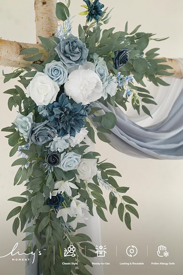 Ling's Moment Dusty Blue Artificial Wedding Arch Flowers Kit Pack of 4, 2pcs Hanging Flower Arrangement 2pcs Chiffon Drape Ceremony Spring Fake Silk Rose Arbor Backdrop Floral Swag Outdoor Beach Decor