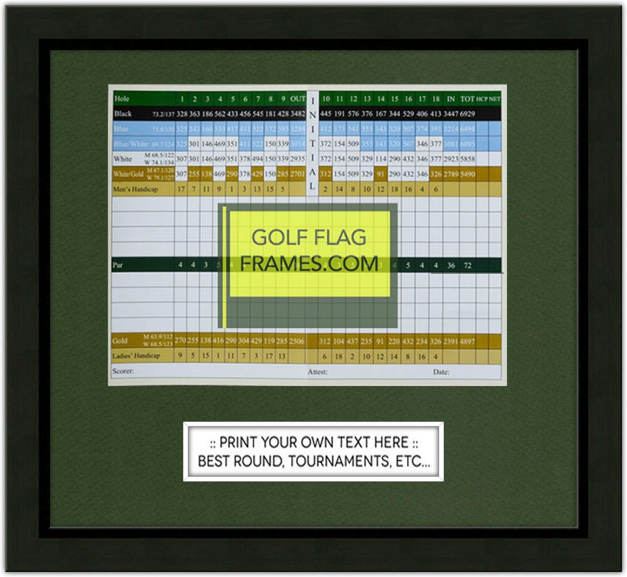 Custom Size Golf Scorecard Frame; Black Wood Frame, Scorecard Size 6x8H, Mat Color Green