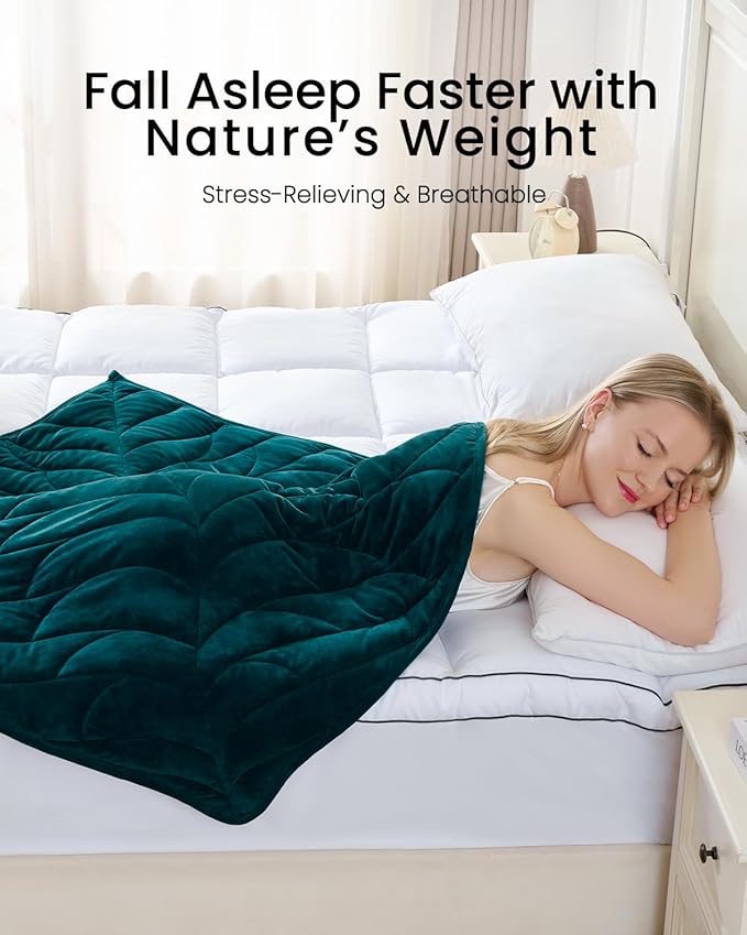 Weighted Lap Blanket 7 lbs 41"×53", Luxury Soft Small Weighted Lap Pad for Adults,Portable Travel Leaf Weighted Throw Blanket for Relaxation, All-Season Use and Machine Washable Deep Green