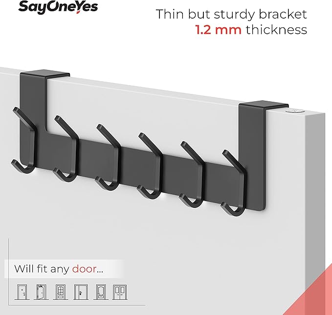 Matte Black Over The Door Hooks – Heavy Duty Stainless Steel Door Hanger with 6 Double Hooks for Hanging Towels, Coats, Robes, Hats, Bags – No Drill Over Door Towel Rack for Bathroom & Bedroom, 2 Pack
