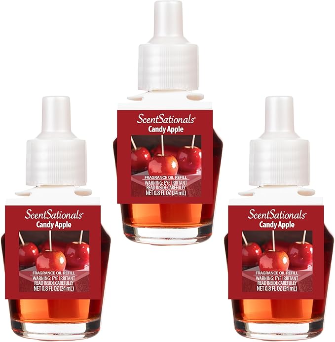 Scentsationals Fragrance Oil Plug In Air Freshener Refills 3-Pack - Candy Apple - Works with Scentsationals Wall Plugs, Long-Lasting Home Fragrance, 0.8 fl oz Each, Packaging May Vary