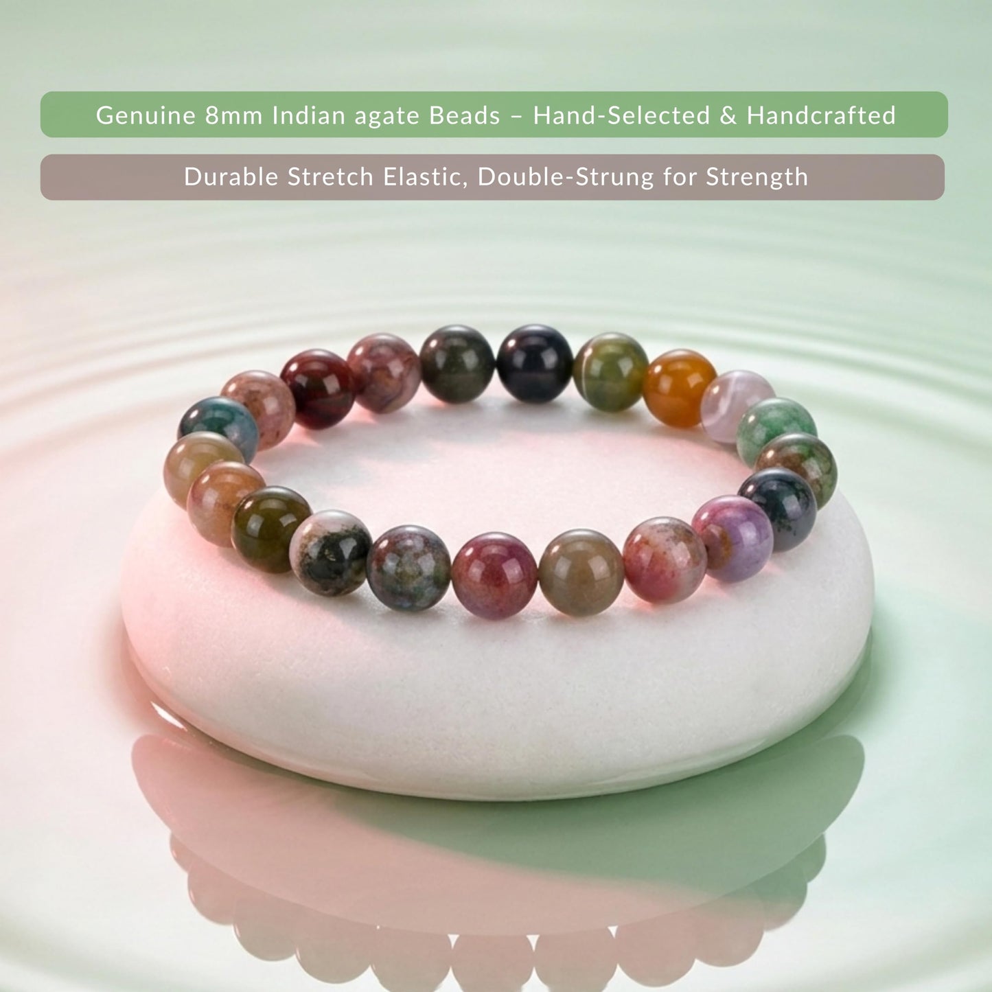 Cherry Tree Collection Indian Agate Beaded Bracelet – Genuine 8mm Gemstone Stretch Bracelet for Men & Women – Handmade Crystal Bracelet - (Indian Agate - M)