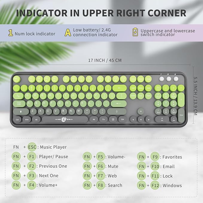 FOPETT Wireless Keyboard and Mouse Combo - 2.4G Full-Sized Cute Colorful Mouse and Keyboard with 104 Round Keys Retro Typewriter Keyboard for Laptop/Windows/PC - Grey Green