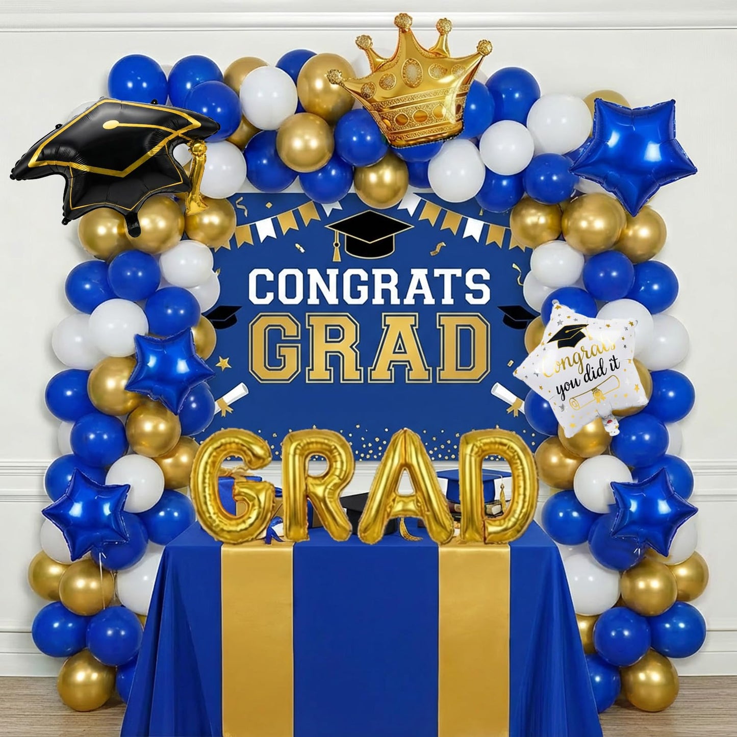 Royal blue White Gold Balloon Garland Arch Kit with backdrop Stars Graduation Cap crown GRAD Letters Mylar Balloons for 2026 graduate Prom Decorations