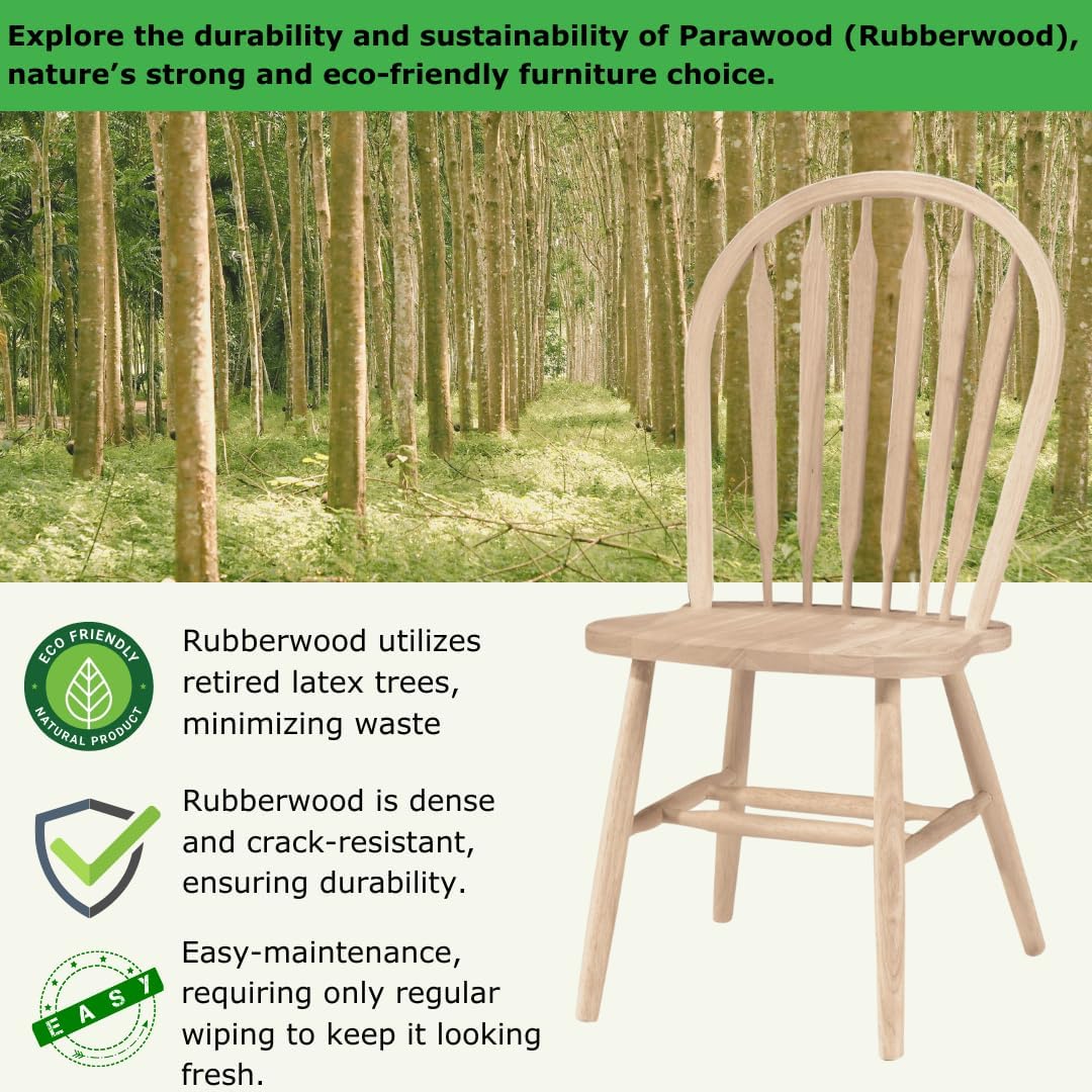 IC International Concepts Windsor ArrowBack Chair-Plain Legs 225lbs wt Capacity, Solid Real Wood, Sturdy Parawood, 19.25"W x 19.75"D x 38.25"H, Unfinished