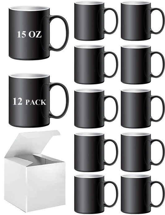 ABBSH Color Changing Mugs, Sublimation Mugs Black Color Changing Coffee Mugs Heat Sensitive Coffee Mugs Tazas Magicas Para Sublimacion 15 OZ With Box Set of 12