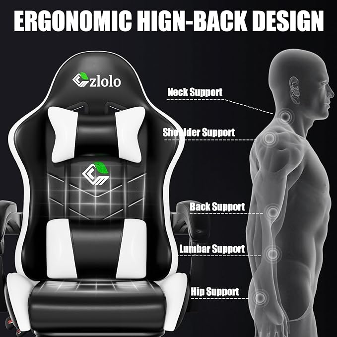Gaming Chair with Footrest Racing Style Lumbar Support Massager Video Game Chair with Metal Legs, High Back Gamer Chair with Headrest, 360° Swivel Office Computer Desk Chair, Cool White