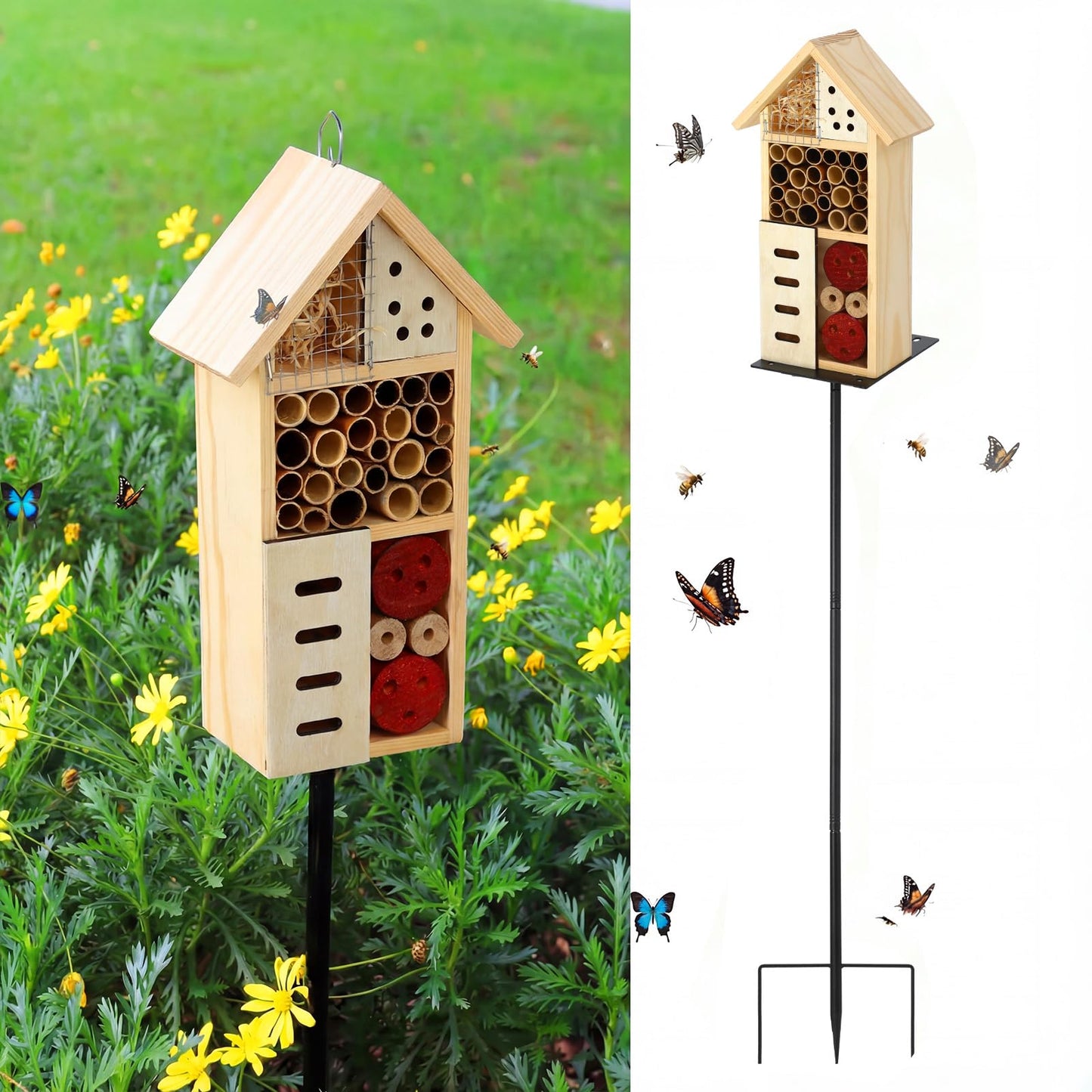 Novabright Wooden Insect House with Metal Stake Insect Hotel Bee House Natural Bug Habitat for Bee Butterfly Ladybirds Beneficial Bug Outdoor Garden Backyard