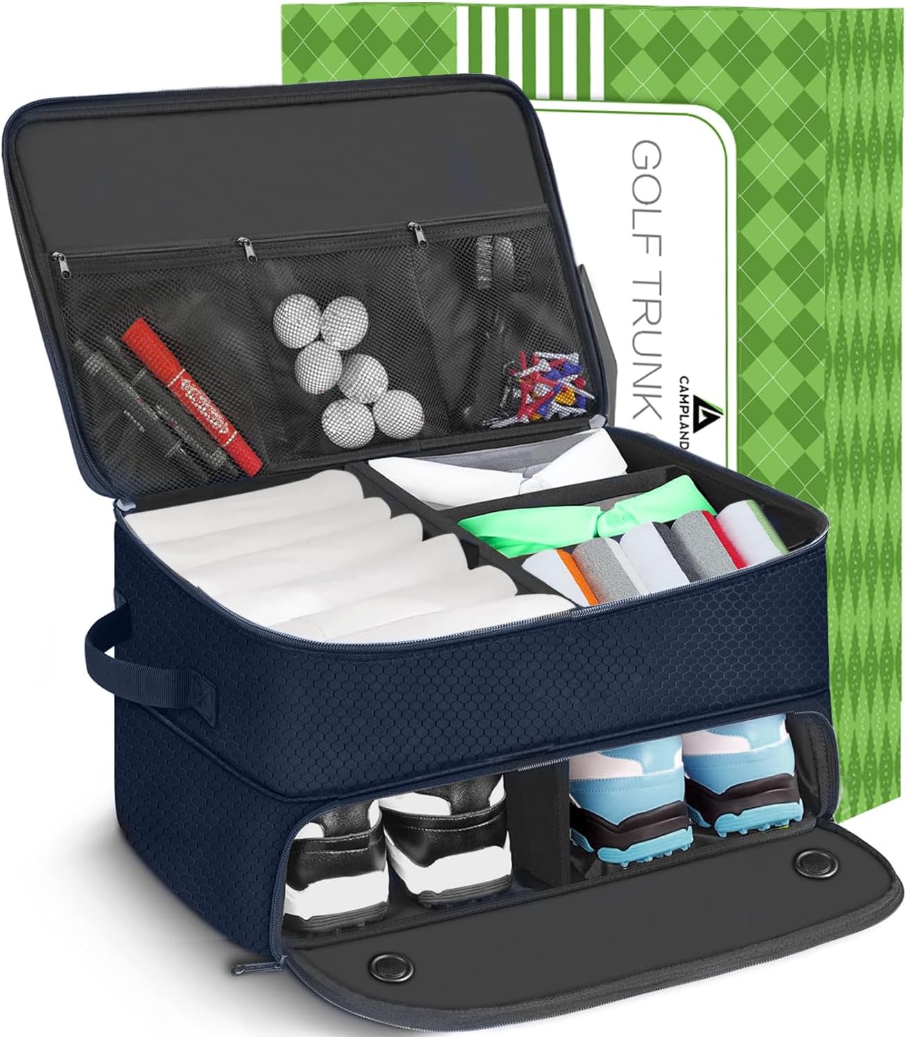 CAMPLAND 2 Layer Golf Trunk Organizer, Waterproof Car Locker for 2 Pair Shoes, Durable Storage for Balls, Tees, Clothes, Gloves, Accessories, Golf Gifts, Blue