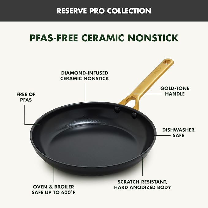 GreenPan Nonstick Reserve Pro 8" Frying Pan, NSF Certified Ceramic, Hard Anodized PFAS-Free Skillet, Stainless Steel Handles, Oven & Dishwasher Safe, Black